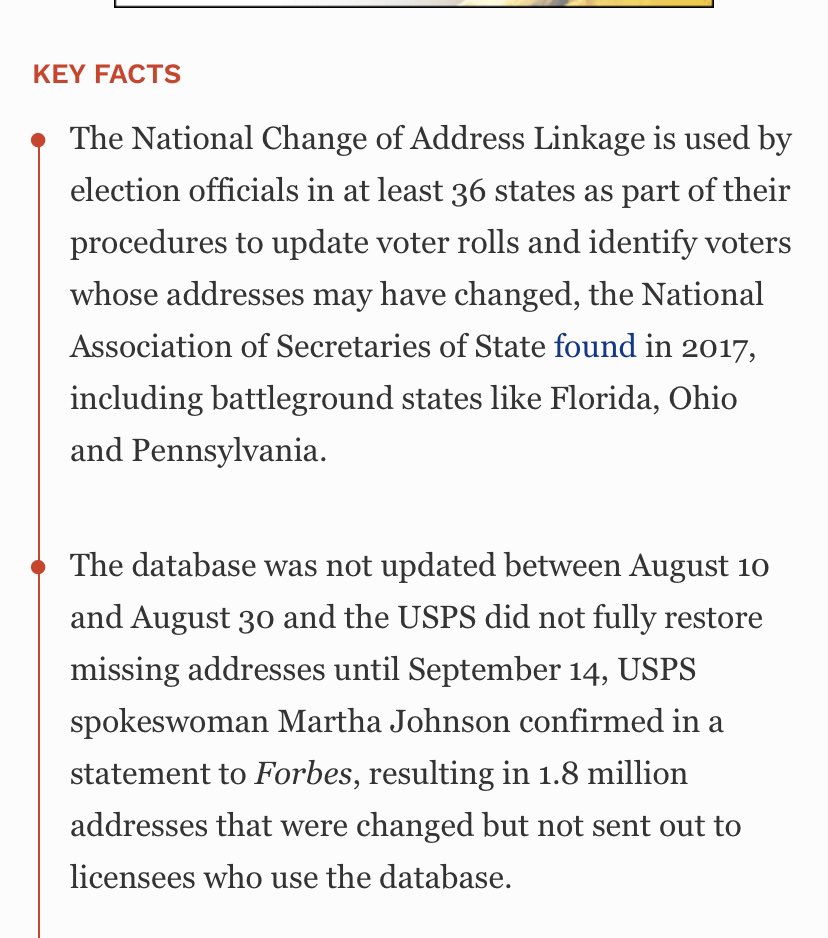 The National Change of Address Linkage is used by election officials in at least 36 states as part of their procedures to update voter rolls and identify voters whose addresses may have changed ... including battleground states like Florida, Ohio and Pennsylvania.