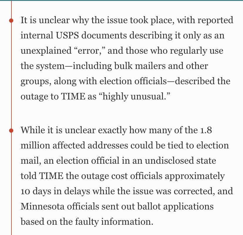 unclear why the issue took place, with reported internal USPS documents describing it only as an unexplained “error,” and those who regularly use the system—including bulk mailers and other groups, along with election officials—described the outage to TIME as “highly unusual.”