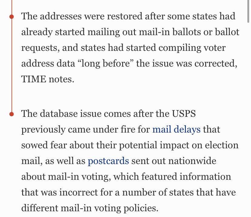The addresses were restored AFTER some states had already started mailing out mail-in ballots or ballot requests, and states had started compiling voter address data “long before” the issue was corrected, TIME notes.