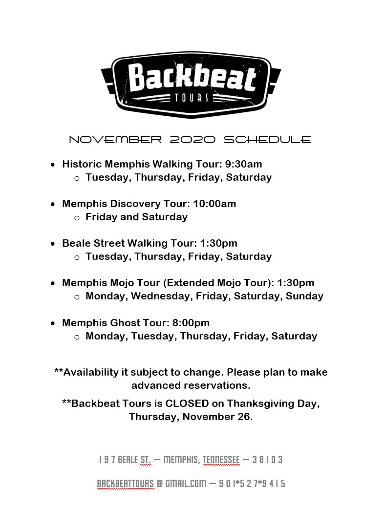 ‼️‼️ November Schedule Update ‼️‼️
Please note our winter hours have taken effect as of November 2. We still recommend calling 901-527-9415 or visiting our website at backbeattours.com to make advanced reservations. #schedulechange #backbeattours #exploreMemphis