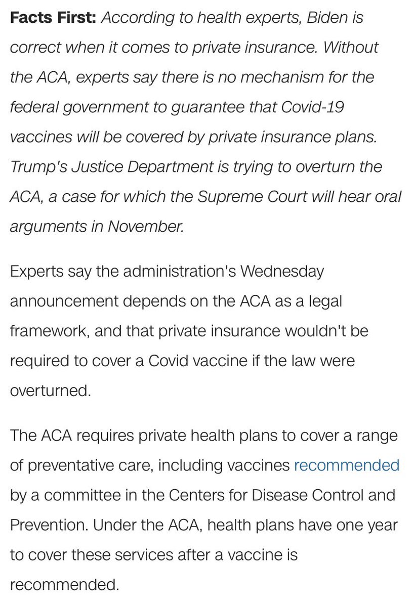 President elect  @JoeBiden has said everyone in America will get the vaccine for free unless the Trump administration convinces the Supreme Court to overturn the Affordable Care Act, which requires private insurers to cover vaccines. Those hearings are this week on November 10.