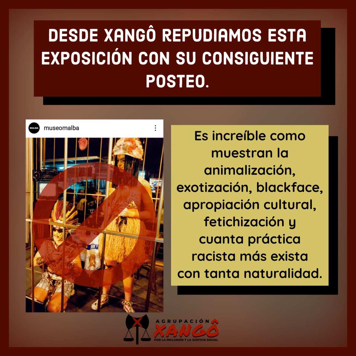 AFROXANGO's tweet photo. Repudiamos el racismo en todas sus formas @museomalba @inadi https://t.co/7QTXsJZEtB