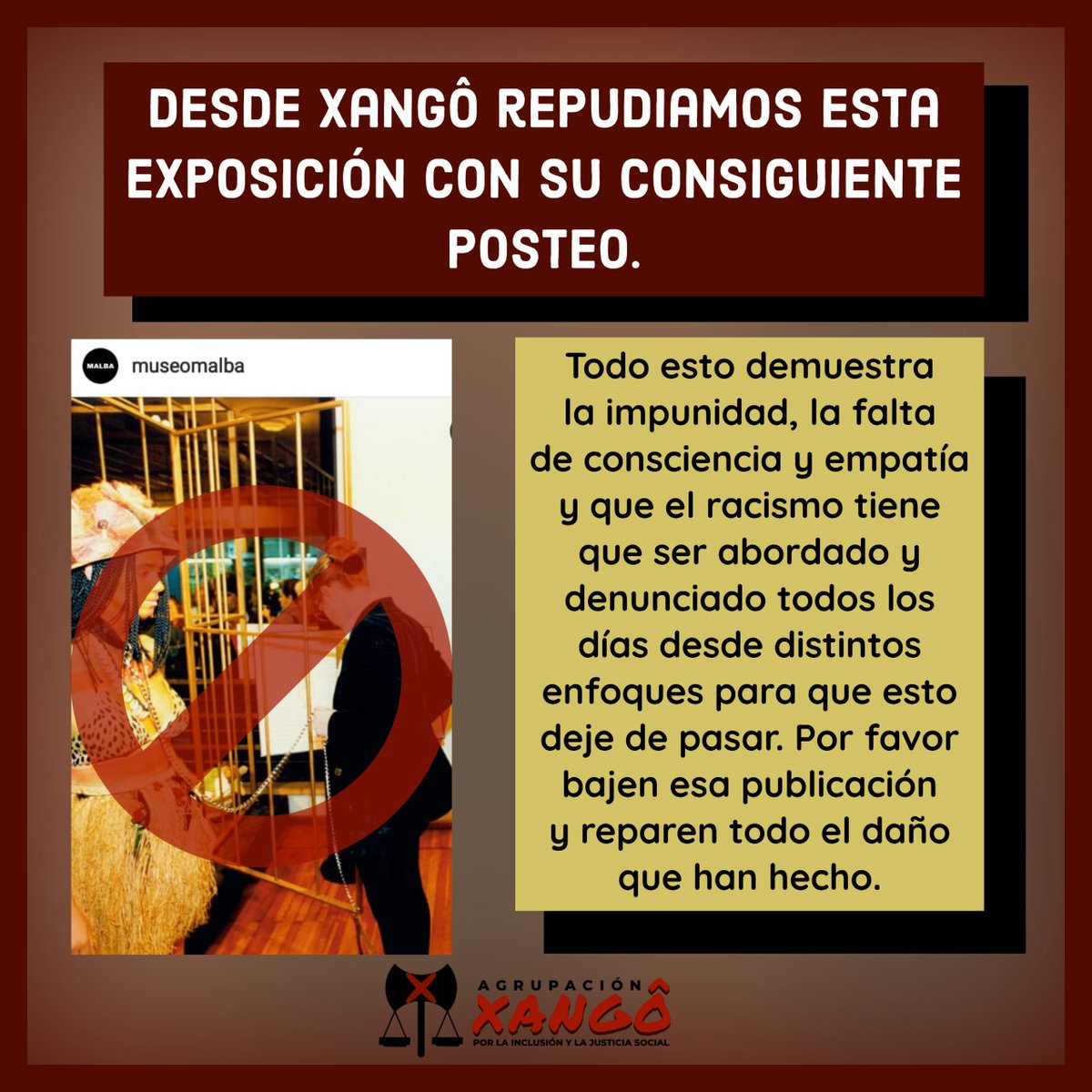 AFROXANGO's tweet photo. Repudiamos el racismo en todas sus formas @museomalba @inadi https://t.co/7QTXsJZEtB