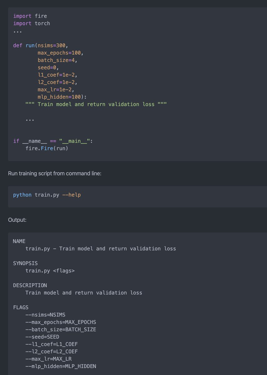 MilesCranmer's tweet photo. Just learned about Python Fire, and wish I had heard about it years ago. Seems like an amazing library for productivity!

Fire turns any Python object—function, class, etc—into a command line interface:

Gone are the days of argparse.ArgumentParser and sys.argv... https://t.co/nchKasoHsN