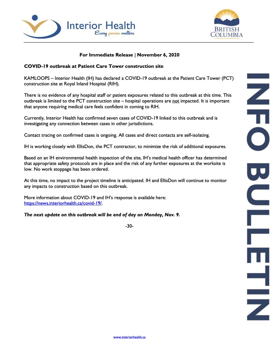 AshcroftVillage's tweet photo. Interior Health has declared a COVID-19 outbreak at the Patient Care Tower construction site at Royal Inland Hospital in KAMLOOPS. https://t.co/bUzc8V4rff