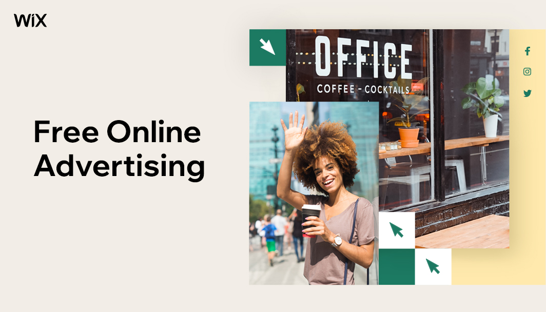 Woman holding a take away coffee cup and waving, along with a coffee shop storefront and website elements. Overlaid text: Free Online Advertising.