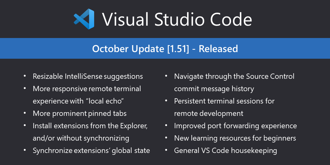 code's tweet photo. ICYMI: We released VS Code 1.51 (October 2020) last Friday! 🥳

↕️ Resizable IntelliSense suggestions box
🔗 Persistent remote terminal sessions
📌 Improved pinned tabs
🧹 Housekeeping &amp; fixes

Release notes: https://t.co/SQMDmGvEfY
Download VS Code: https://t.co/gl2xGCwzJM https://t.co/kc8OOv5wz4