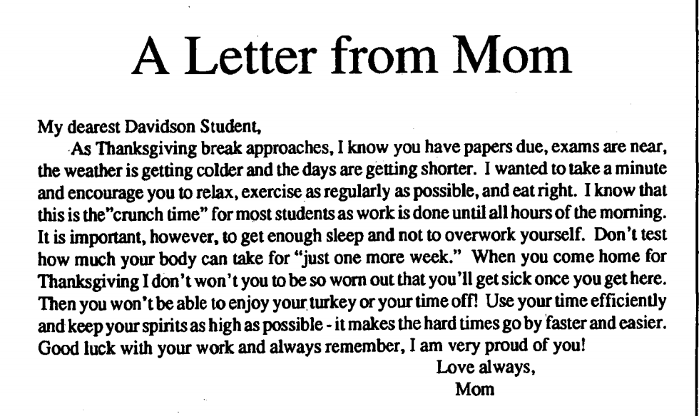 DavidsonArchive's tweet photo. As the end of the semester and Thanksgiving Break approaches, we're reminded by this letter in the November 9, 1992 issue of The Davidsonian that Davidson Parents are the best. #WhyDavidson https://t.co/OG6lm5JBnk