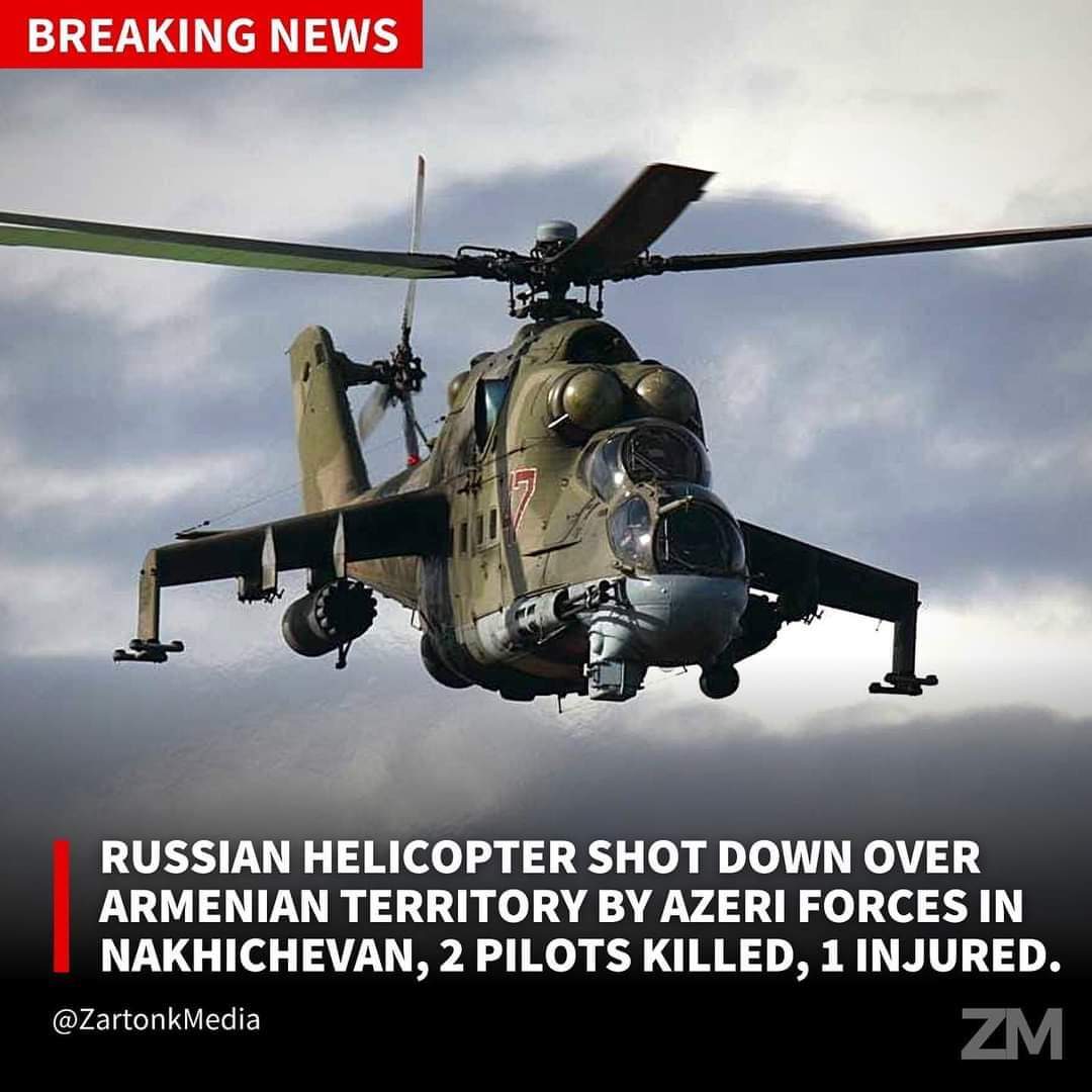 VeranikaGrigory's tweet photo. BREAKING: #Russia|n helicopter shot down over #Armenia|n territory by #Azeri forces in #Nakhichevan, 2 pilots killed, 1 injured.#StopAzeribaijaniAggression https://t.co/uoy9vHUETl
