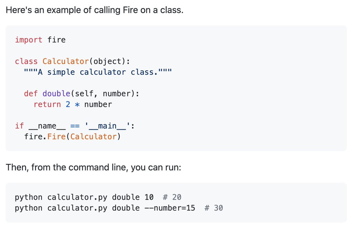 MilesCranmer's tweet photo. Just learned about Python Fire, and wish I had heard about it years ago. Seems like an amazing library for productivity!

Fire turns any Python object—function, class, etc—into a command line interface:

Gone are the days of argparse.ArgumentParser and sys.argv... https://t.co/nchKasoHsN