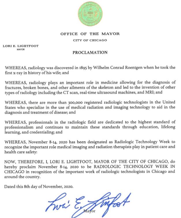 ASRT's tweet photo. Congratulations to #ASRTMember Liz Gresey R.T.(R)(CT). Thanks to her work, the mayor of Chicago has issued a proclamation naming Nov. 8-14 Radiologic Technology Week in Chicago. She is a clinical instructor at Rush University Medical Center. #NRTW20 https://t.co/Dnlg3oCoSB
