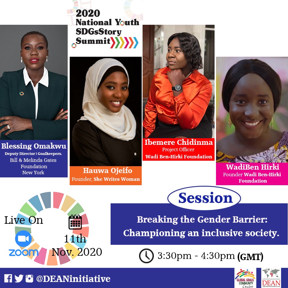 PHafcee's tweet photo. Tell a friend to tell a friend to join this conversation on Wednesday at 3:30pm live on Zoom. 

"Breaking the Gender Barrier: Championing an inclusive society"
@BlessingOmakwu @hauwa_ojeifo @IbemereChidinma @WBHFoundation 
#2020SDGsStorySummit https://t.co/7As0CCroE5