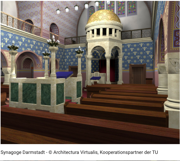 3/ Two images from Darmstadt - one from Nov 1938, and a digital reconstruction of the lovely synagogue interior. (Darmstadt, like many German cities, had at least 2 synagogues, these may not be the same one. I believe ALL Jewish houses of worship were destroyed, however.)