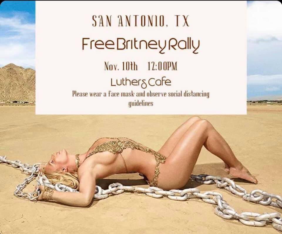 LuthersCafe's tweet photo. Free Britney Rally in San Antonio!! 
November 10th ( this Tuesday) 
Join us at 12pm on the gay strip 🏳️‍🌈 
#SanAntonio #FreeBritney #Texas #Equality #BritneySpears https://t.co/Bf10RiNyQl