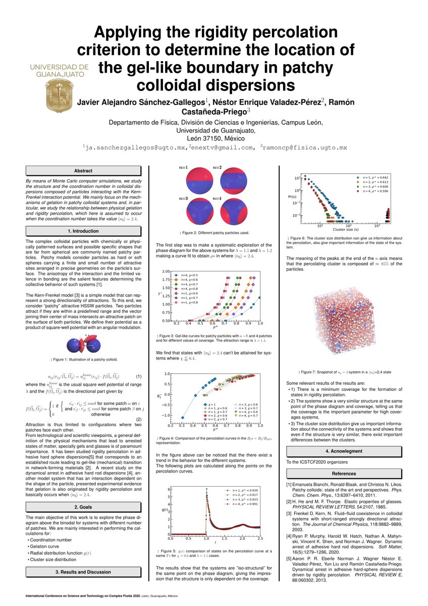 JavierA92576741's tweet photo. Hello!, I present my work entitled "Applying the rigidity percolation criterion to determine the location of the gel-like boundary in patchy colloidal dispersions" at @icstcf2020, any questions are welcome!
#ICSTCF20Poster
#ColloidalGels
#PatchyParticles https://t.co/Dc4yr7Z7AQ