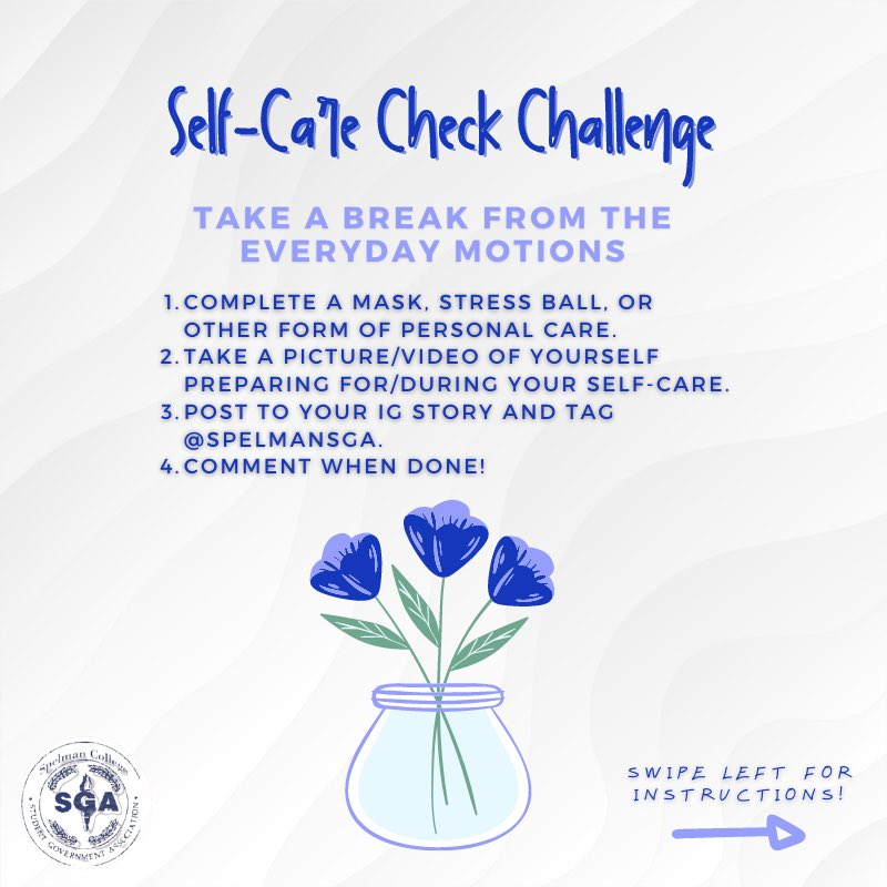 SpelmanSGA's tweet photo. Happy Stress Relief Week, Spelman! ๐ง๐พโโ๏ธ We have another challenge for you! Follow the directions to be considered for a special prize! ๐ #Redefined79 #StudentsLikeYou https://t.co/XaZmKvDNIR