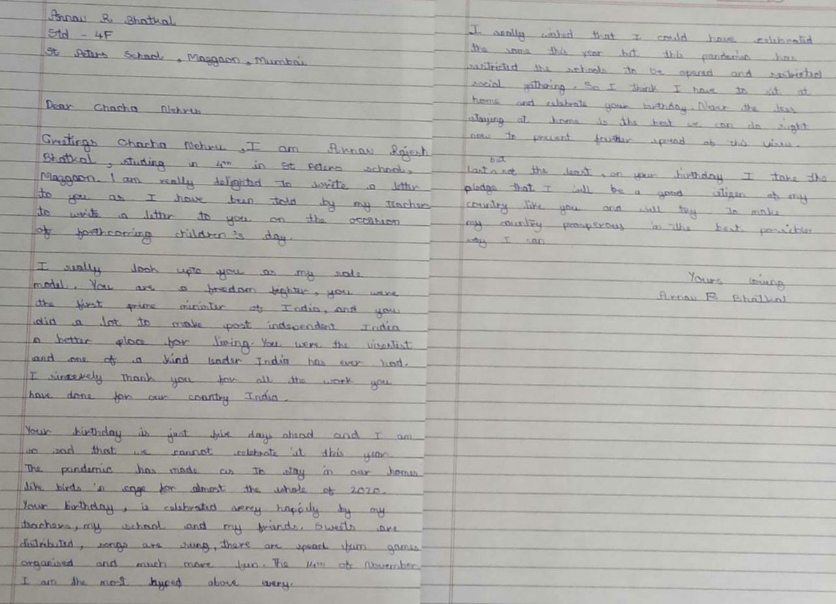 Arnav R Bhatkal 4th Std
Letter to Chacha Nehru
#baldivas2020
#stpetersschoolmazgaon