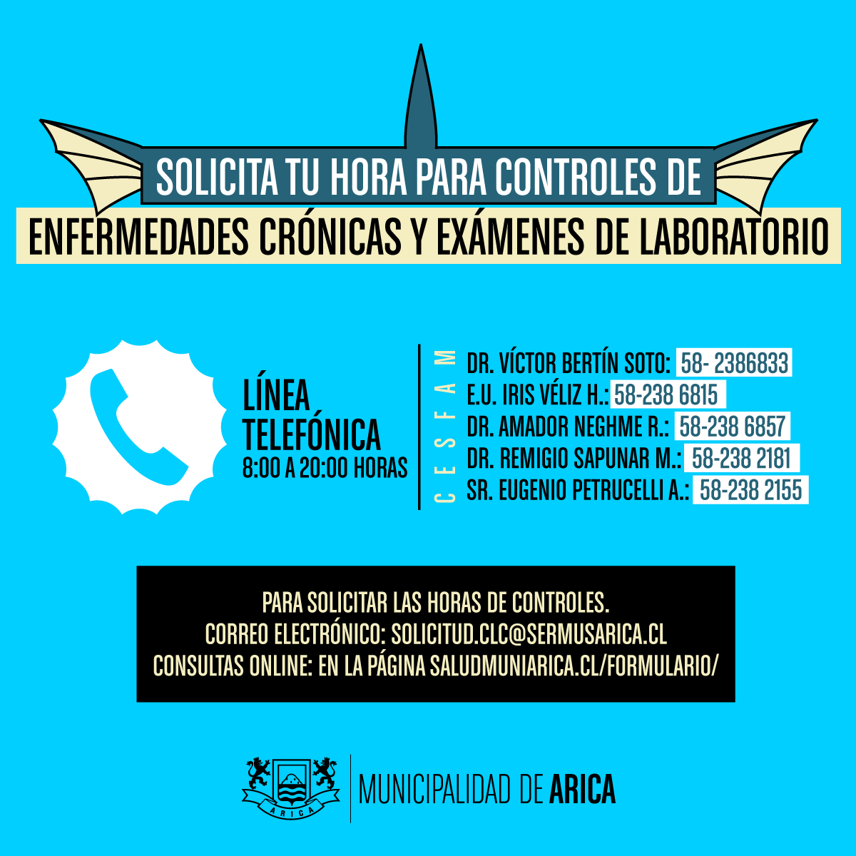 MuniArica's tweet photo. ¡HOLA! Les pasamos a recordar que pueden solicitar horas a control médico de la #DISAM. Sólo deben pinchar aquí ➡️ https://t.co/I9j1XcdYRH o llamar a los centros de salud ¡#Vamospormas salud! #CiudadSaludable 👍🏾 https://t.co/U7SmgBw9mJ