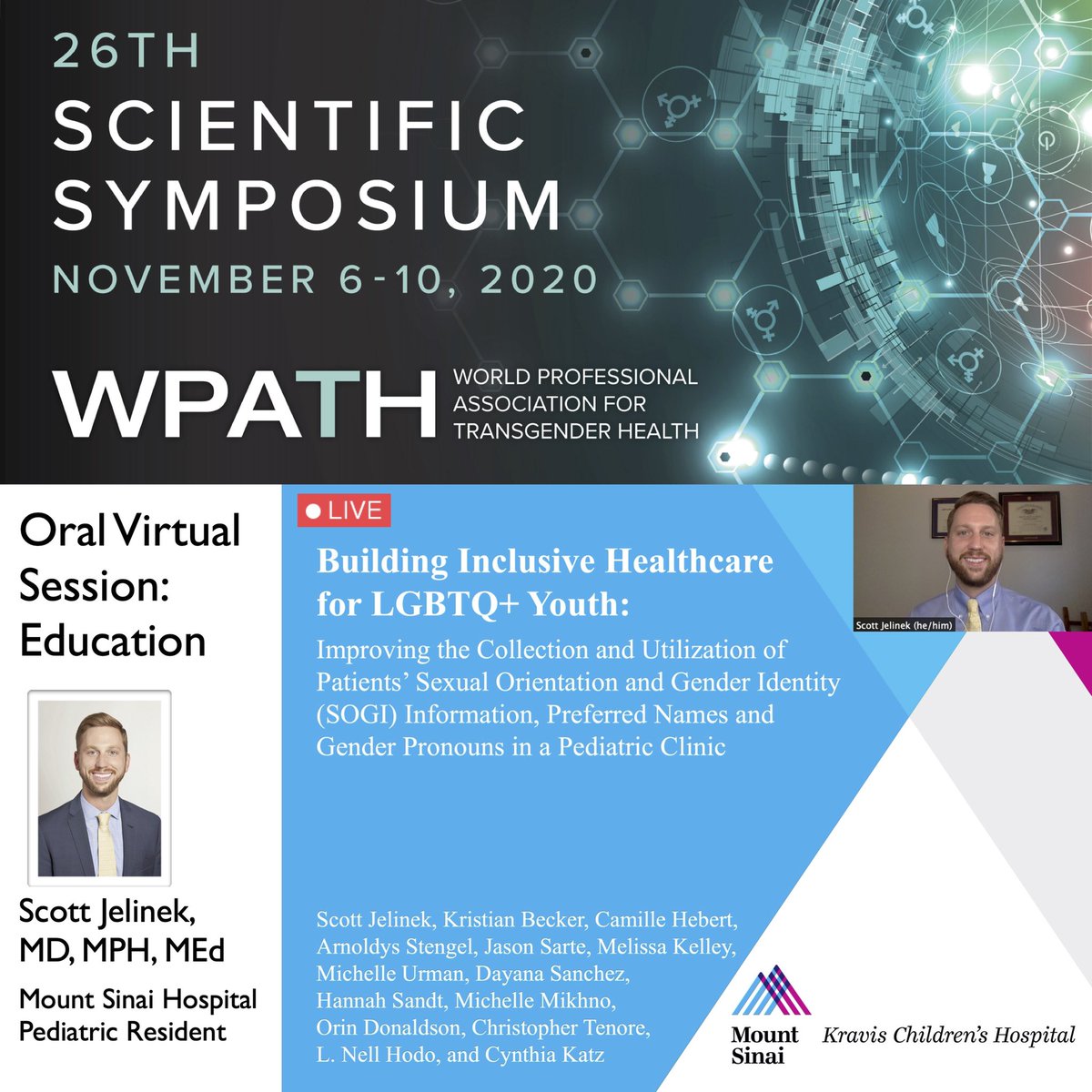 scottjel's tweet photo. Proud to present at the World Professional Association for Transgender Health @WPATH conference on improving the collection and utilization of sexual orientation/gender identity (#SOGI) info in our @MountSinaiNYC pediatric clinic 🏳️‍⚧️🏥🌈 @TransCareSinai @MountSinaiPeds #WPATH2020 https://t.co/RIeg9wtvII