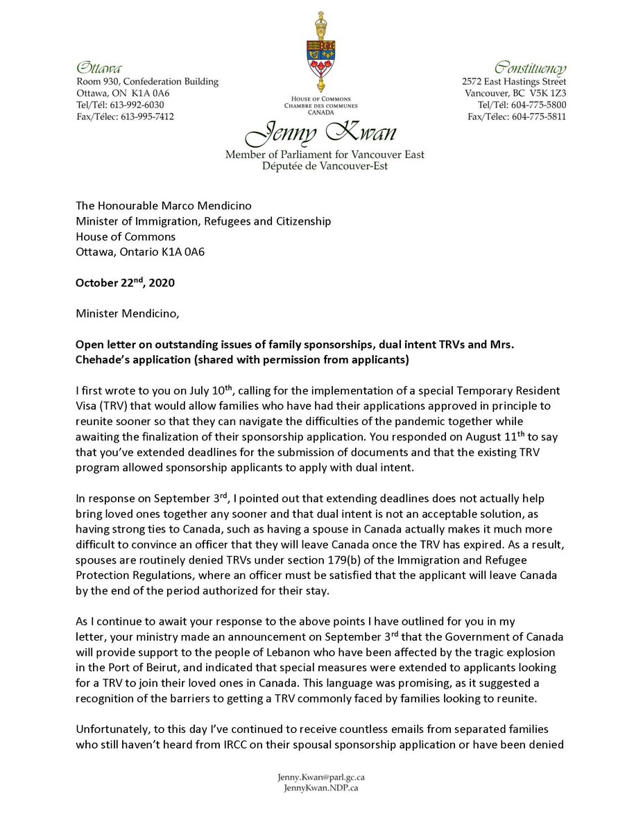 JennyKwanBC's tweet photo. In response to calls for a special TRV, @MarcoMendicino said sponsorship applicants can apply for a TRV w/ dual intent. This letter to the Minister reflects the types of refusals separated families commonly face and shows that this isn't a solution.
#prioritizefamilysponsorship https://t.co/ErTRZ9i4hh