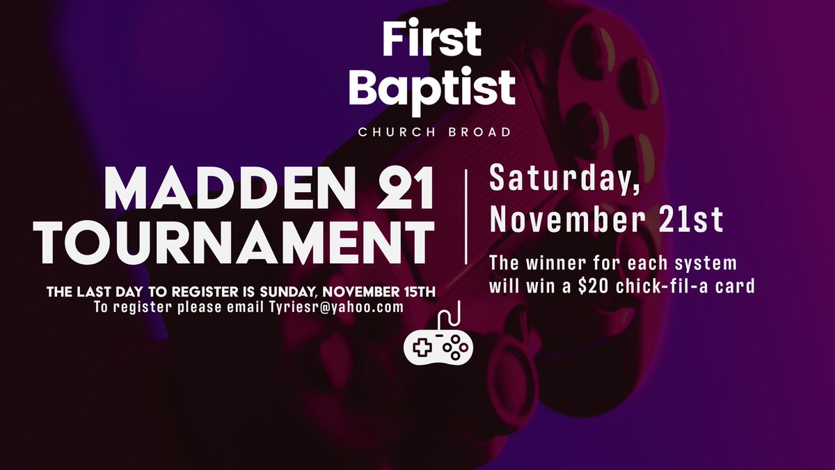 Register today for our Madden 21 online tournament on November 21st!
The last day to register is Sunday November 15th!