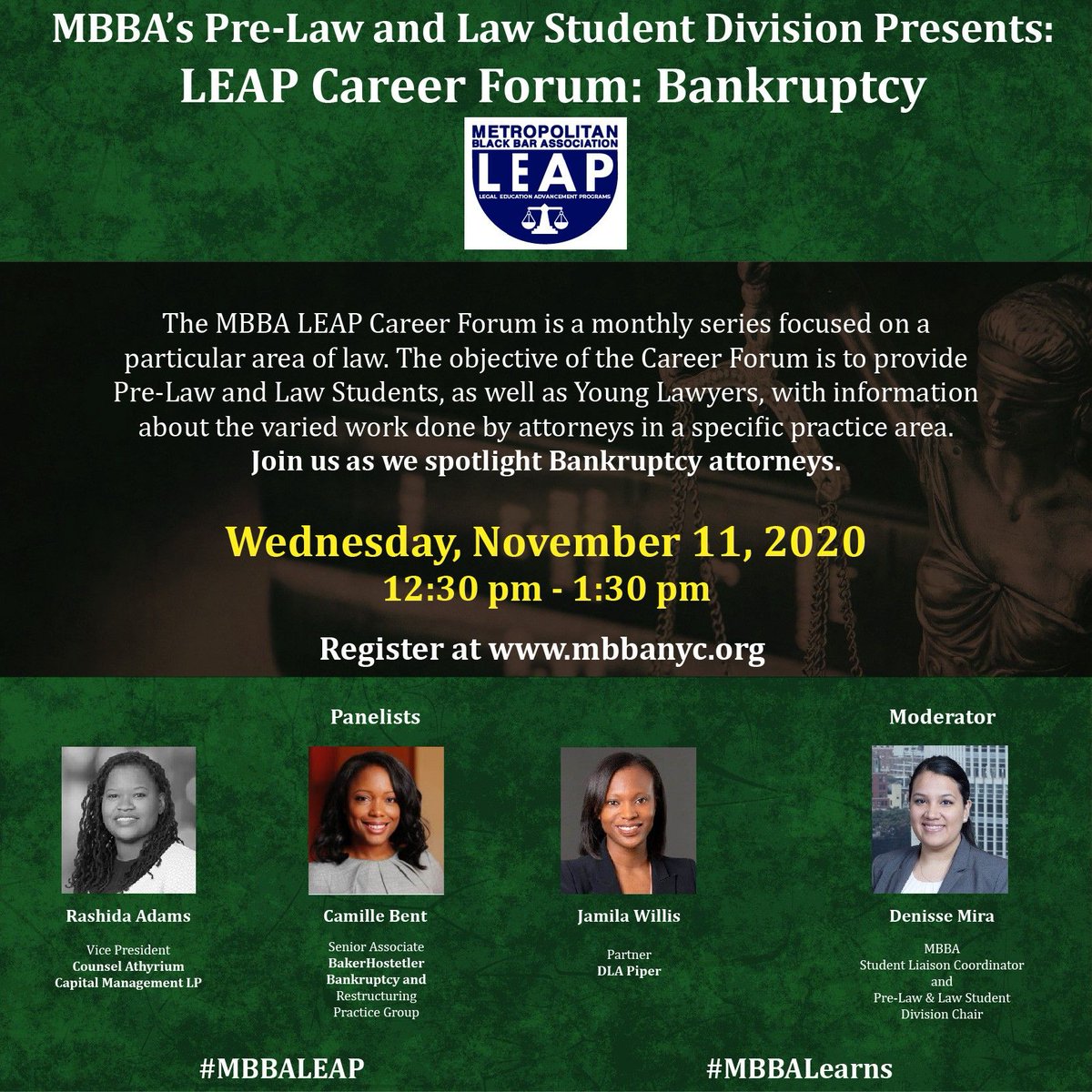 MBBANYC's tweet photo. Meet Camille Bent, one of our panelists for the MBBA LEAP CAREER FORUM on BANKRUPTCY on Wednesday, November 11th, at 12:30pm. Camille is a senior associate in Baker Hostetler’s Bankruptcy and Restructuring practice group. We can't wait! See you on Wednesday! #MBBANYC #MBBALEAP https://t.co/fh8JREy3DJ