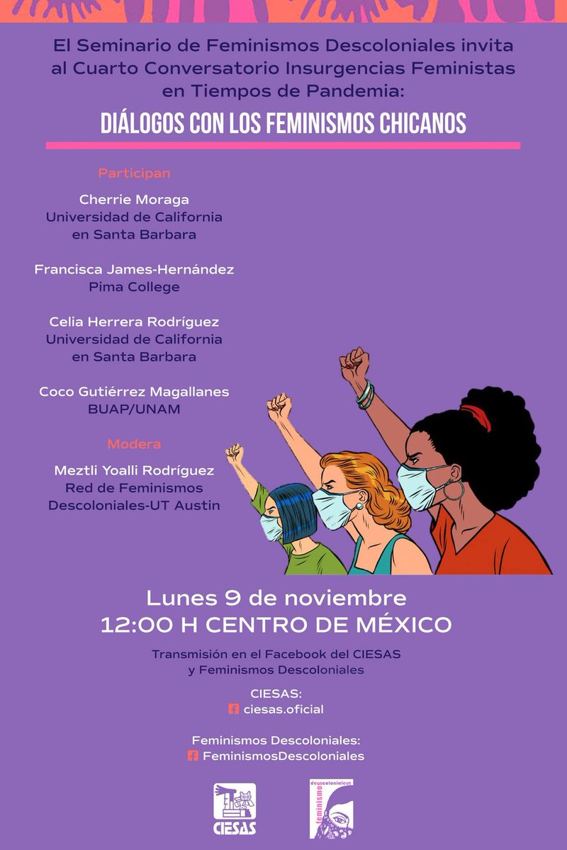 OTROSSABERES's tweet photo. Este lunes en punto de las 12 H, tiempo del centro de México. Diálogo con los Feminismos Chicanos, un evento convocado por el Seminario de Feminismos Descoloniales! #feminismos #feminismoschicanos #movimientos #chicanofeminisms #otrossaberes https://t.co/I4aaUQvYFZ