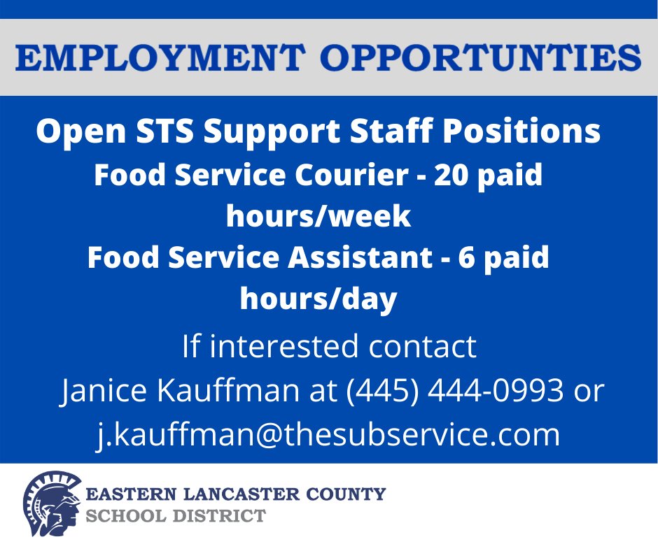 ElancoElem's tweet photo. ATTENTION! Open STS Staff Positions!  If interested contact Janice Kauffman at j.kauffman@thesubservice.com. For more employment opportunities click here; https://t.co/AN8Vwg7o6I https://t.co/tW2pnOvcQV