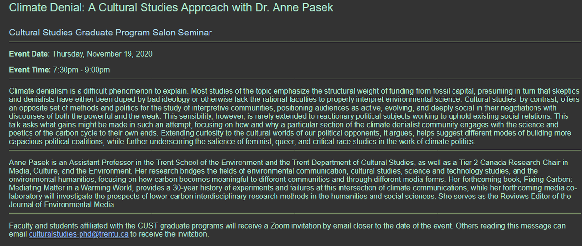 I'm giving a talk next week on what Cultural Studies has to offer to the study of climate denial &amp; climate politics at large. Guests from other institutions are welcome to join!