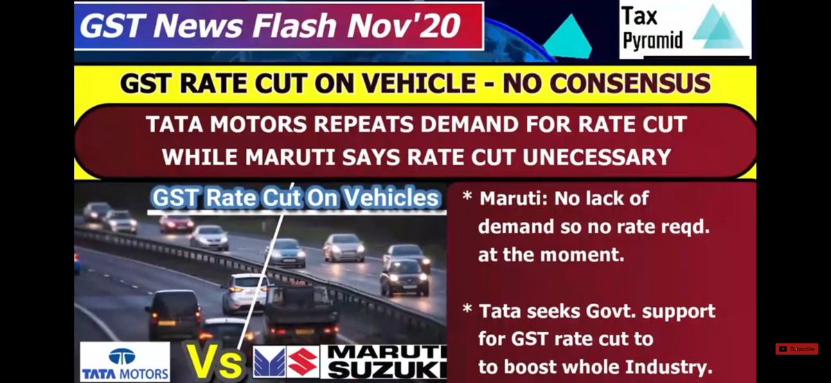 PyramidTax's tweet photo. #GSTNews Nov 20 Edition 

There is No Consensus in Automobile Industry regarding GST rate cut
Tata repeats its demand of rate cut while Maruti Suzuki says it is unnecessary.
The opposite views from the 2 giants is an interesting story to tell
#Taxpyramid 

https://t.co/MjdSgttNgT https://t.co/EBhLEEiBMY
