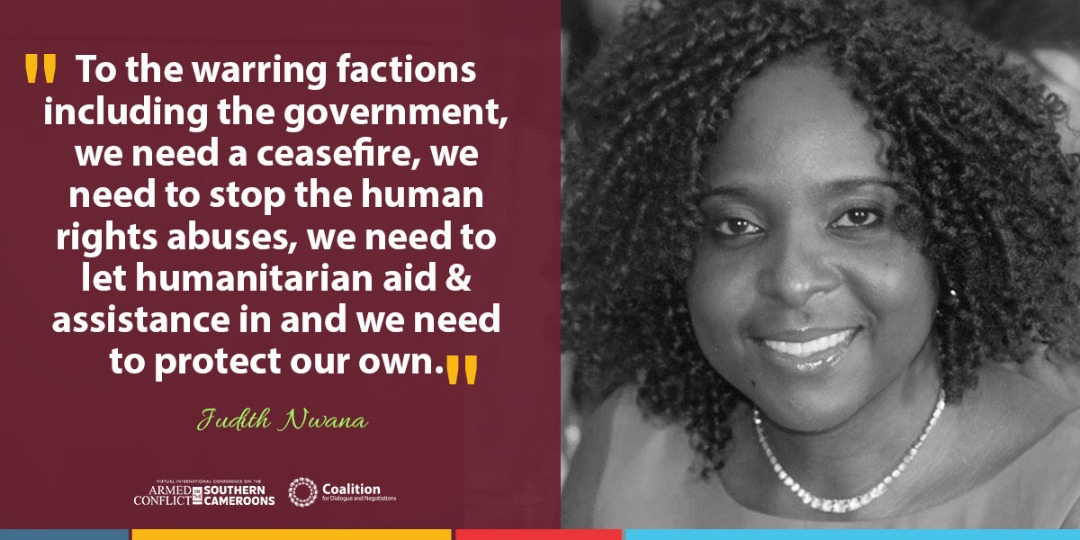 CoalitionFDN's tweet photo. "To the warring factions including the government, we need a ceasefire, we need to stop the human rights abuses, we need to let humanitarian aid & assistance in and we need to protect our own."- @judithnwana
#SCameroonsConference
#EndAnglophoneCrisis
#SouthernCameroons https://t.co/OrtoPSk7dE