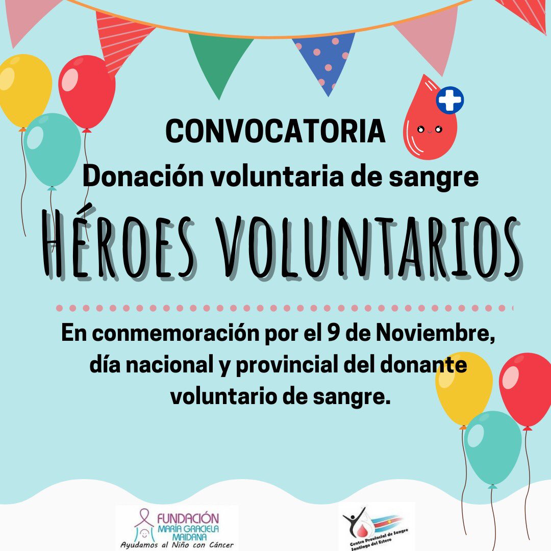En el marco nacional y provincial del día del donante voluntario de sangre queremos invitarlos a sumarse a la campaña y convocatoria de héroes voluntarios. 
Realizar la donación de sangre es un acto solidario y es nuestra responsabilidad ayudar a quienes la necesiten.DIFUNDIR🤗