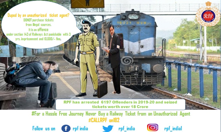RPF_INDIA's tweet photo. Touting of Railway Tickets is an offense with upto 3yrs imprisonment and ₹10k fine ! RPF has arrested 6197 offenders and seized tickets worth more than ₹18 crore in 2019-20!  Don't get duped/ lured/ fleeced by an unauthorised ticket agent #Call182 to report such activities https://t.co/r5R7Nw439e