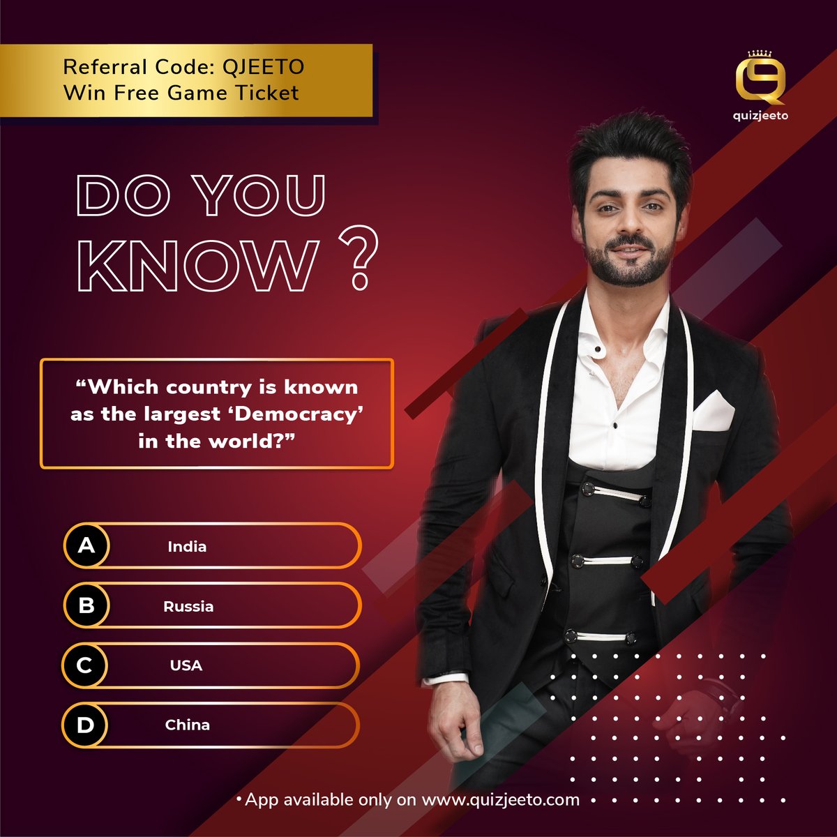 quizjeeto's tweet photo. Download the game from our website. Test your smartness and win upto 1 Crore! 

Share this post on your fleets and tag our page with the correct answer to win special merchandise signed by 
@karan009wahi

https://t.co/AMJ4EWFf2G

#QuizJeeto #WinFromHome  #Brain #Quiz #Win https://t.co/h3kP9PoWh6
