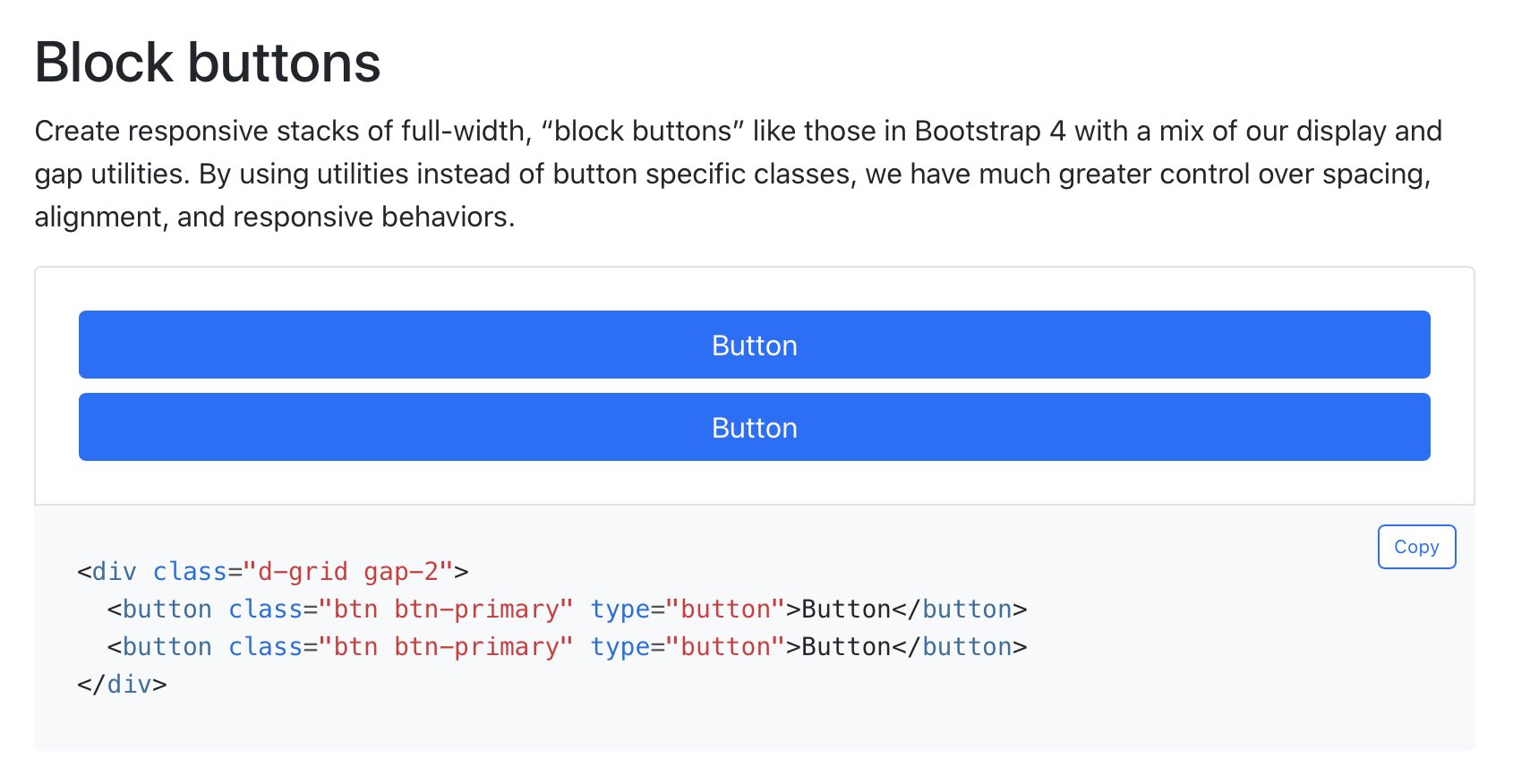 Bootstrap on Twitter: ""Block buttons” are going to be easier and more responsive than ever in our next v5 pre-release! We've dropped the .btn-block class for new .d-grid and .gap-* utilities. Check Bootstrap on Twitter: ""Block buttons” are going to be easier and more responsive than ever in our next v5 pre-release! We've dropped the .btn-block class for new .d-grid and .gap-* utilities. Check
