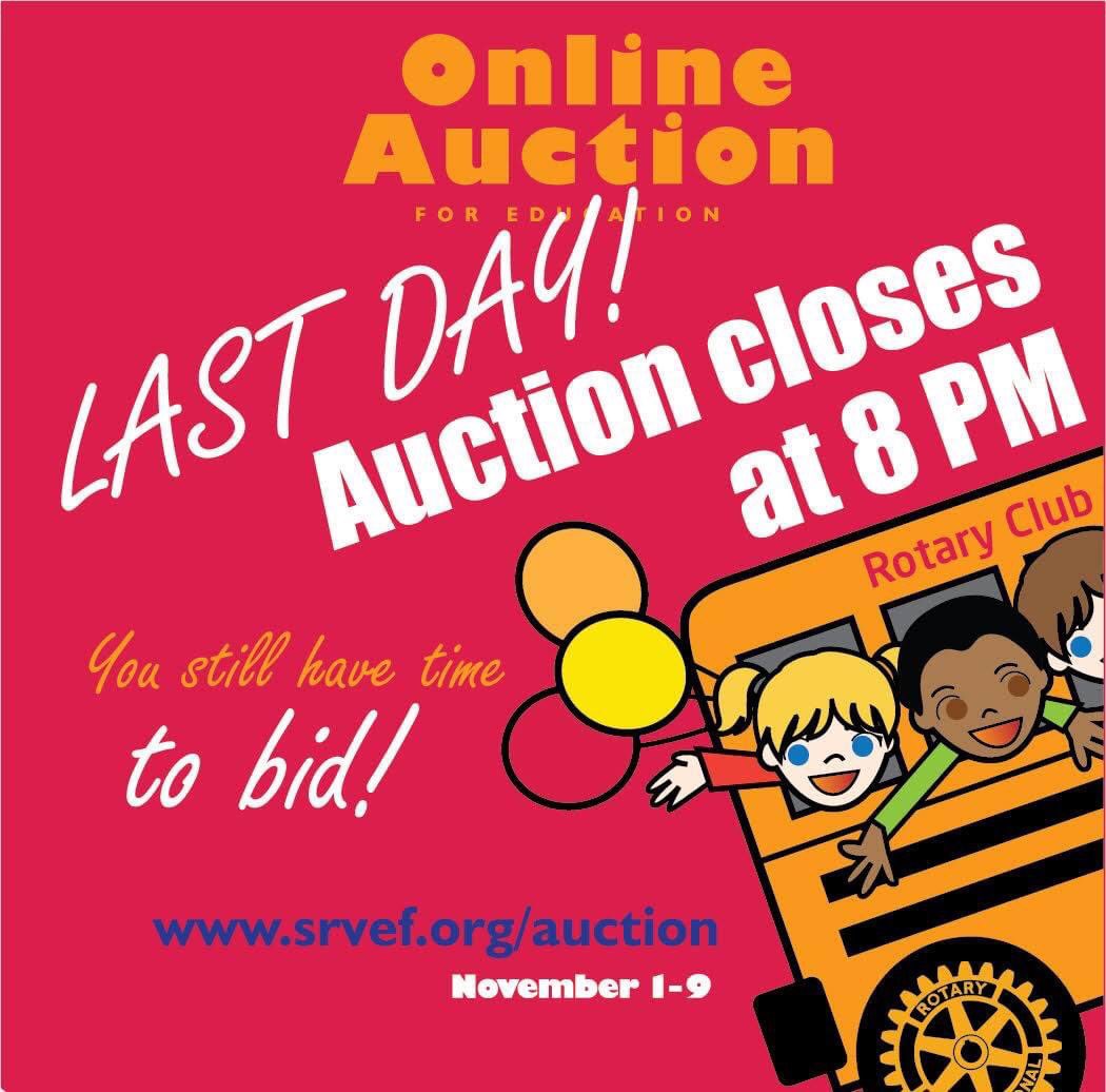 SRVEForg's tweet photo. 📣 The @SanRamonRotary wants you to know that the Auction for Education 📚 OFFICIALLY closes tonight! Place your bids before time runs out! ⏳⏰
https://t.co/IwV28Jtb8R
#closingtonight #auctionforeducation #community
#education #giveback
#dontmissout #SRVEF #SupportSRVUSD 🌳 https://t.co/kImSV99gEs