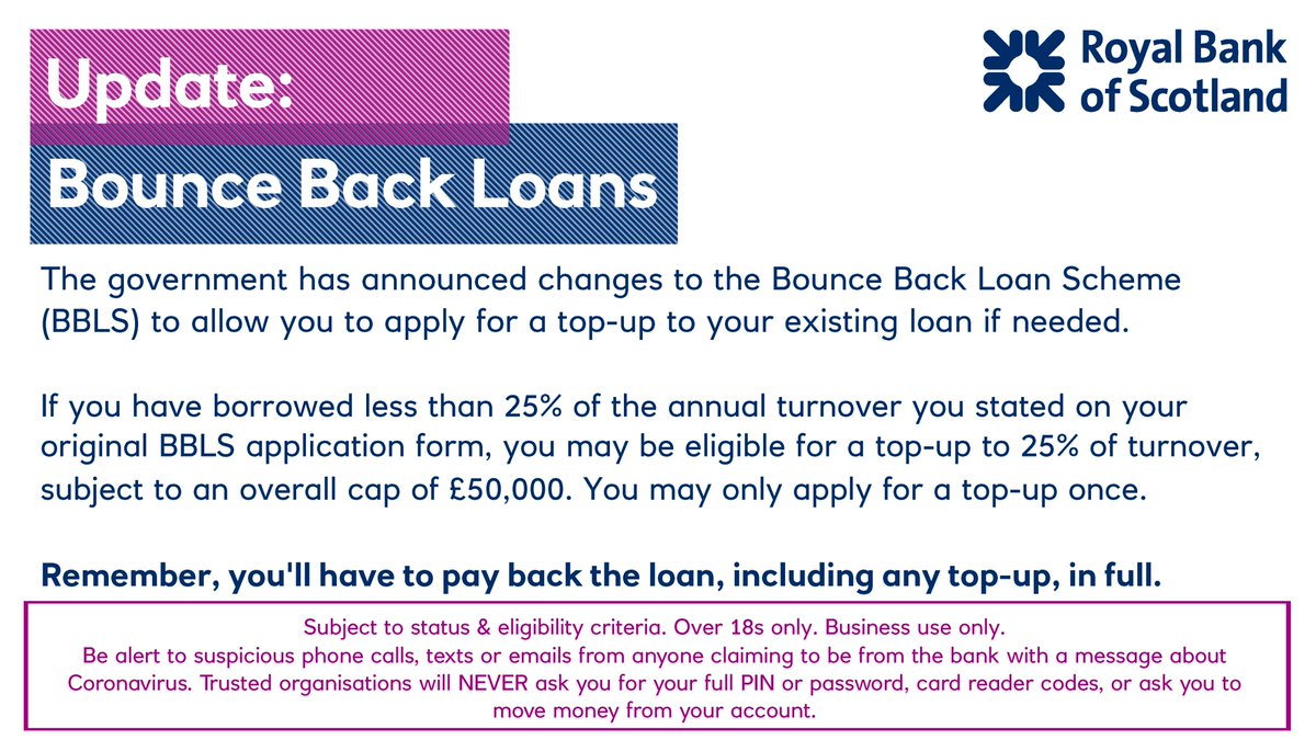 RBSBusiness's tweet photo. ℹ️ Please find below an update on the Bounce Back Loan Scheme.

We’re launching top-up applications tomorrow, and we'll email our BBLS customers with further details. https://t.co/fPBCl70uqf