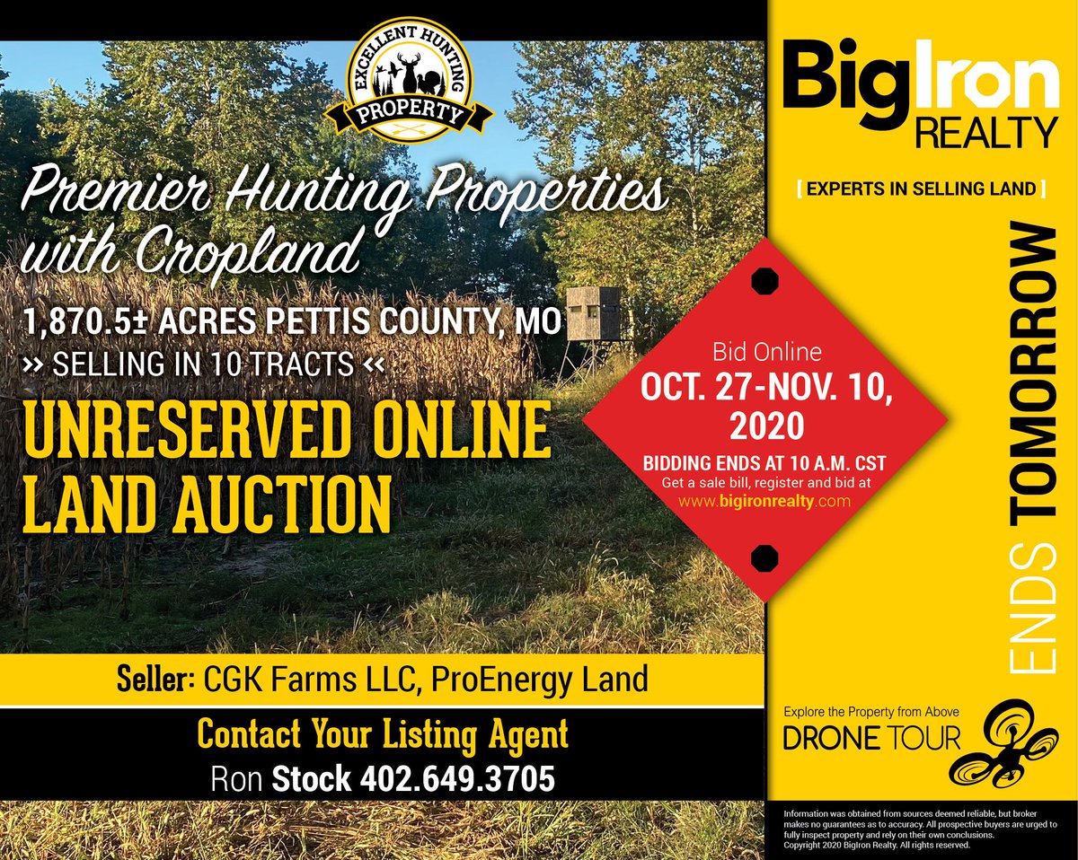 BIDDING ENDS TOMORROW! 1,870.5 acres of Premier Hunting Properties with Cropland, selling in 10 tracts, in Pettis County, MO. Bid now at buff.ly/3l3eihA. #BigIronRealty #MissouriLandForSale #UnreservedOnlineLandAuction #HuntingProperty #HuntingLandForSale