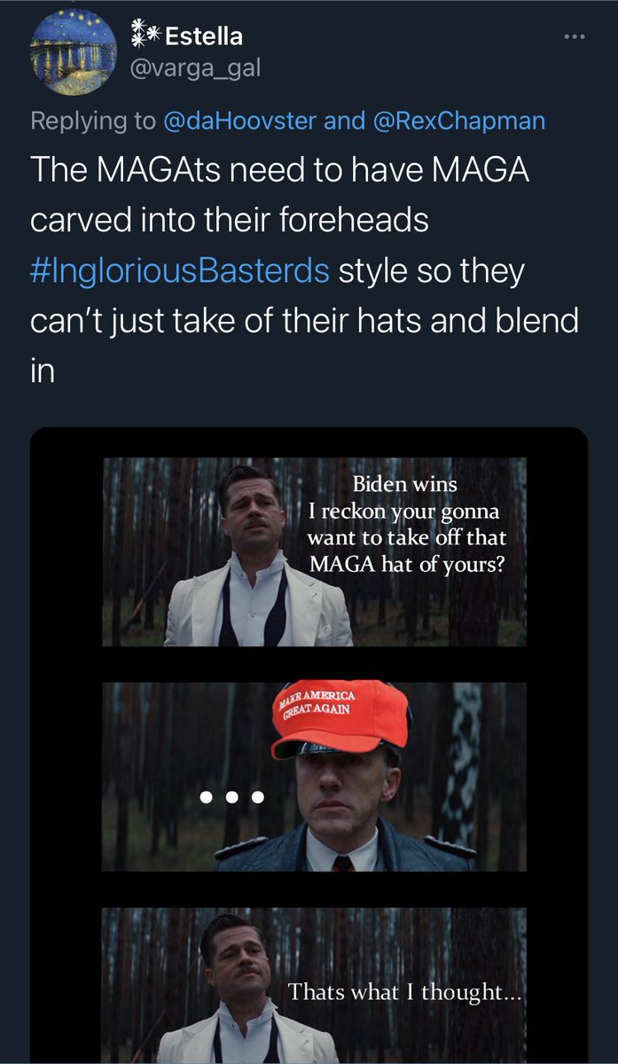 “Inglorious Basterds” is a fantastic post-modern film by Tarantino. The subtext is about how Hollywood ritually murders n4zi’s on screen to sustain their (Holy Wood’s) psyop power and humiliate their audiences into submission to the current order. 1/