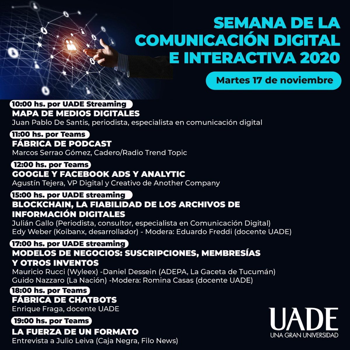 jcrettaz's tweet photo. Martes 17/11 @juanpdesantis #mapademedios / @mserrao87 #podcast / #AgustinTejera #Ads / @gallo1 @weber_edy #blockchain / #Dessein @ruccimauricio @GuidoNazzaro @romina_casas_ #paywall / @quiquefraga #bots / @juleiva #formatos
👉https://t.co/owTP9pMsSx #ComunicacionDigitalUADE https://t.co/b68qJIXXOD