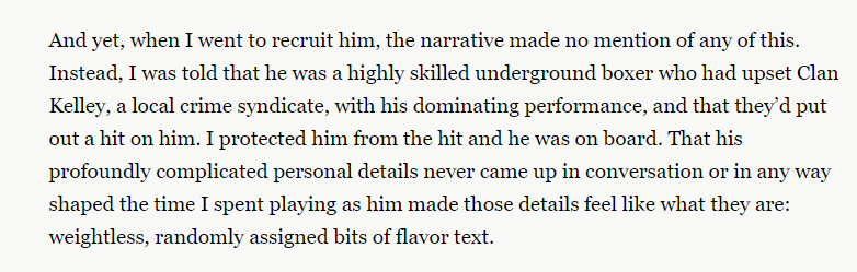 I'm not saying I want playing as a queer person to = HARD MODE. I just want to feel those identities in the texture of the game somehow, and found how they're weirdly absent in the lives of the characters a bit jarring, as I explain here.