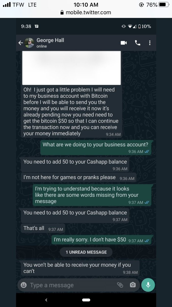 TreeRatTalk1's tweet photo. @bmamba241 @georgehalback George is a scammer! He will ask you to send him bitcoin or cash first! If he has so much money why does he need anyone to send him anything?! He also stole $100 from this girl!! HE’S A SCAMMER!! REPORT HIM!!!! https://t.co/ymWSIEB8Ue