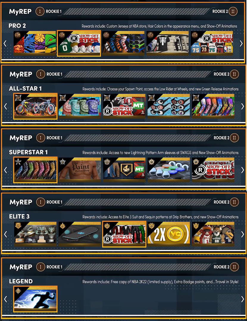 2KInsiderr's tweet photo. HD screenshot of all rep rewards #NBA2K21 https://t.co/h2ZxkXbHVw