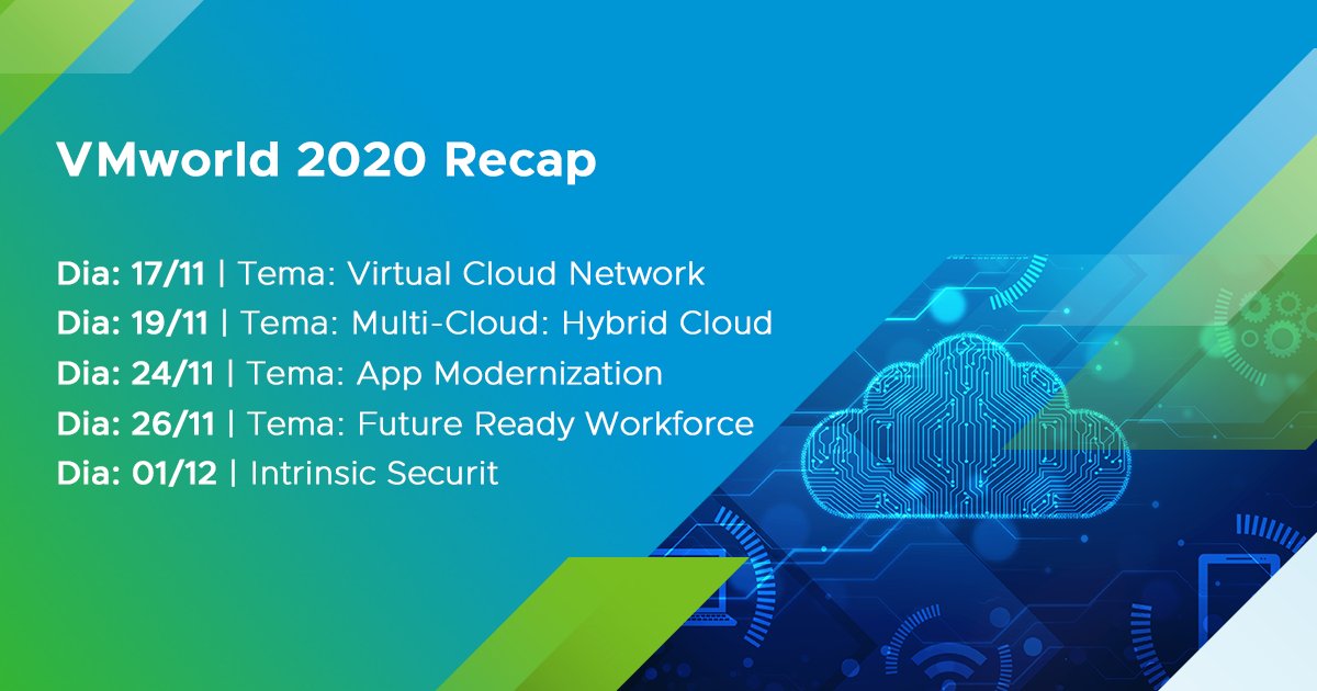 O VMworld 2020 Recap está chegando! Em sua primeira edição virtual, o evento terá cinco encontros de 30 minutos cada. O primeiro será na próxima terça-feira, 17/11, com foco em Virtual Cloud Network. Inscreva-se: bit.ly/38e35HH #VMware #VMworld2020Recap