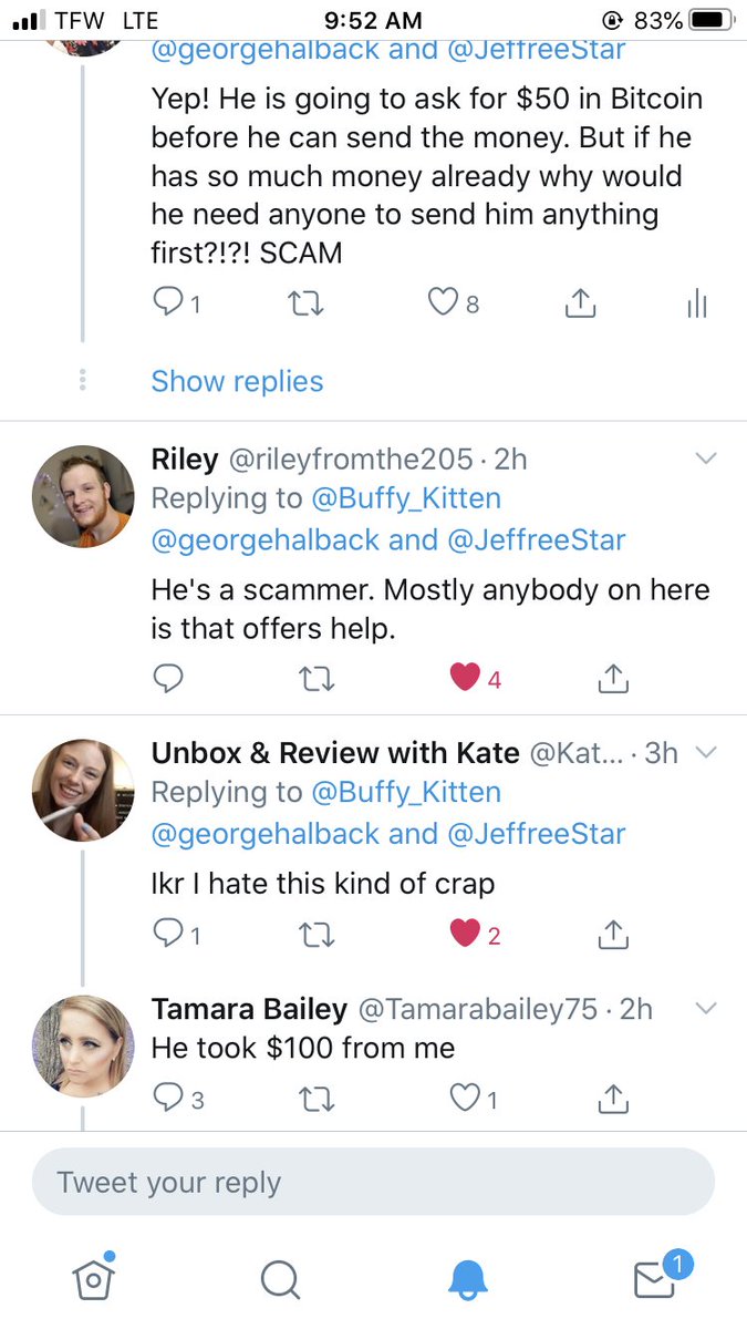 TreeRatTalk1's tweet photo. @Brix26985926 @georgehalback George is a scammer! He will ask you to send him bitcoin or cash first! If he has so much money why does he need anyone to send him anything?! He also stole $100 from this girl!! HE’S A SCAMMER!! REPORT HIM!!!! https://t.co/fGa2UvF0ot