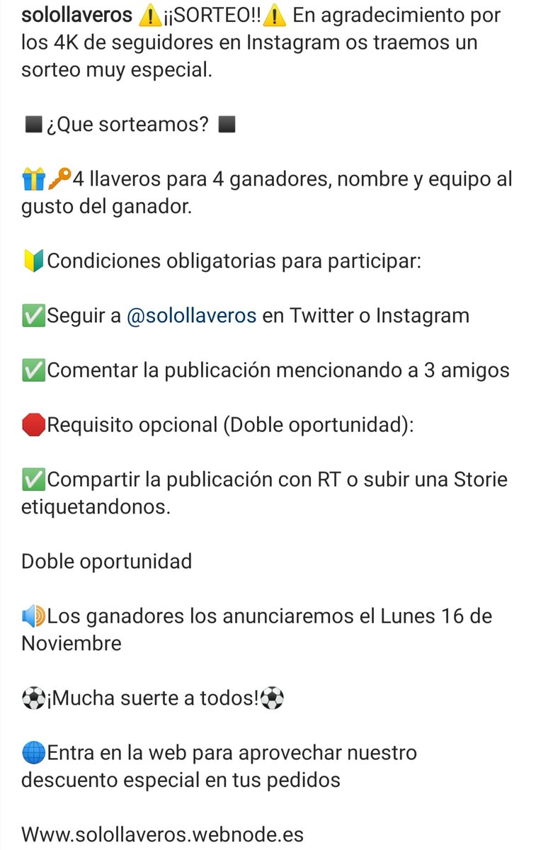 ⚠️¡¡SORTEO!!⚠️ En agradecimiento por los 4K de seguidores en Instagram os traemos un sorteo muy especial. 

◼️¿Que sorteamos? ◼️

🎁🔑4 llaveros para 4 ganadores, de cualquier equipo que dispongamos en la web.

🔰Condiciones obligatorias para participar: ⚠️VER FOTO 2⚠️