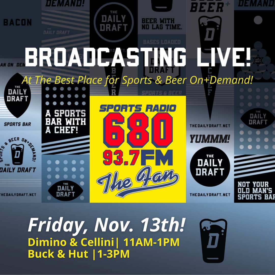 TheDailyDraft1's tweet photo. This Friday, Nick Cellini and Chris Dimino from @680TheFan are broadcasting LIVE from 11AM-1PM, offering Atlanta’s Best Mid-Mornings with their look at the day’s sports! Then stick around for the Buck &amp; Hut Show from 1-3PM!

#thedailydraft #sportsbar #craftbeer #downtownwoodstock https://t.co/GIknODTlUs