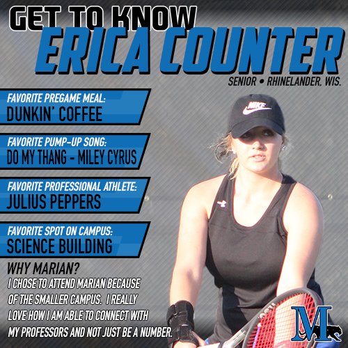 The Sabres have reached the NACC tournament every year of her career, learn more about Erica Counter of <a href="/MarianUTennis/">Marian Tennis</a> as part of your #MarianMonday! #FightBlueFight