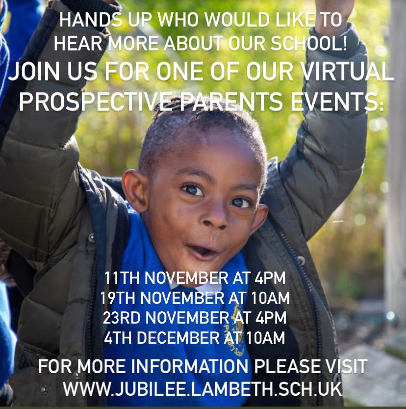 There are still some places available for our virtual prospective parent events. Sign up now to find out about life at Jubilee from our Senior Leadership Team and some of our existing parents. jubilee.lambeth.sch.uk/school-video