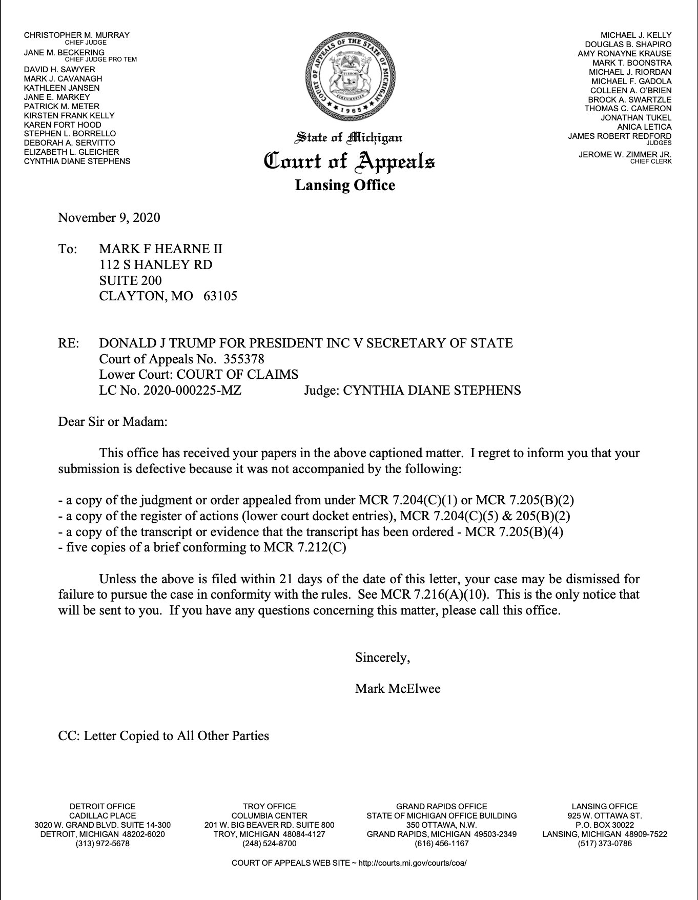 Brian Abel Michigan Court Of Appeals Calls The Filing Defective This Office Has Received Your Papers In The Above Captioned Matter I Regret To Inform You That Your Submission Is